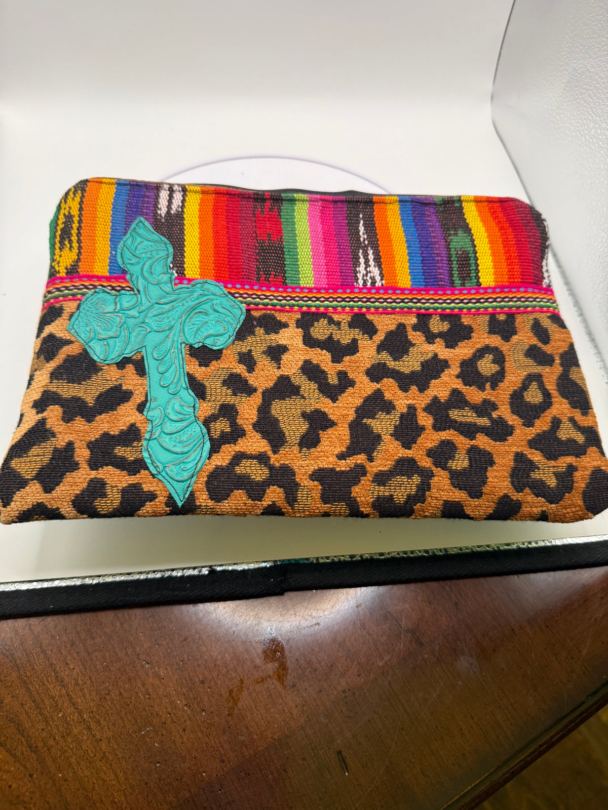 Serape Stripe & Leopard Print Zip Pouch with Turquoise Cross