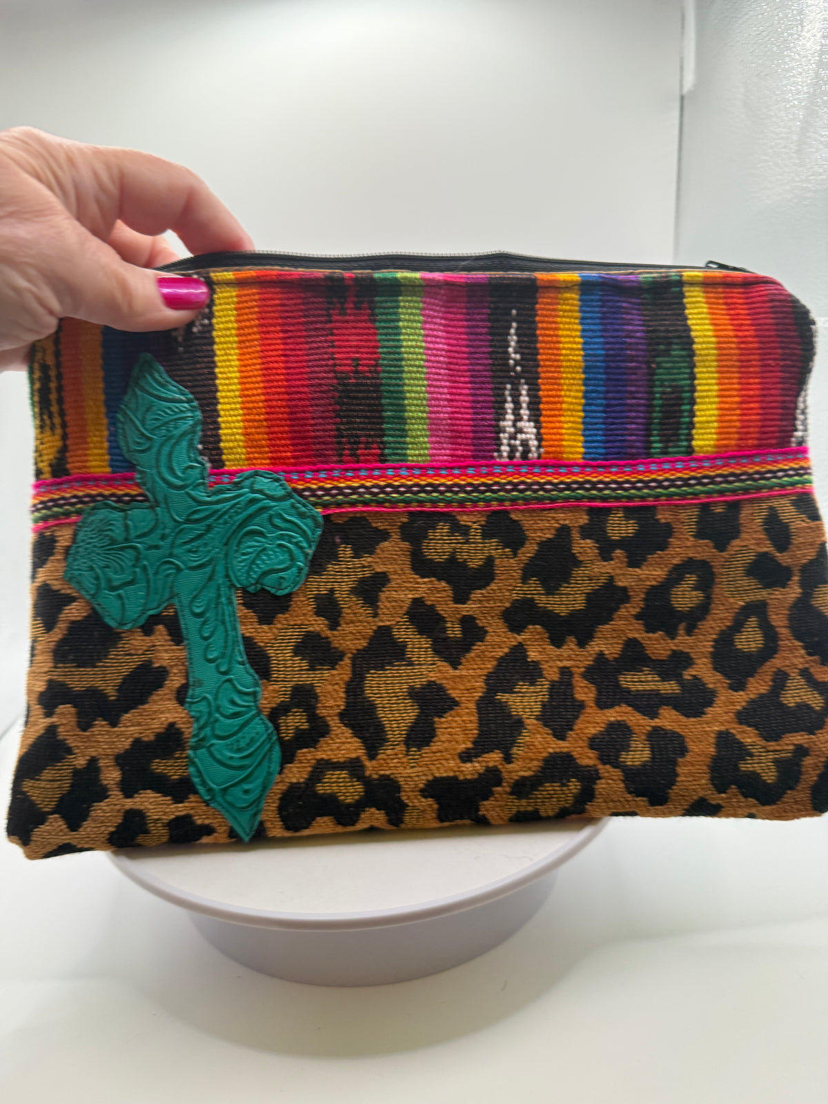 Serape Stripe & Leopard Print Zip Pouch with Turquoise Cross